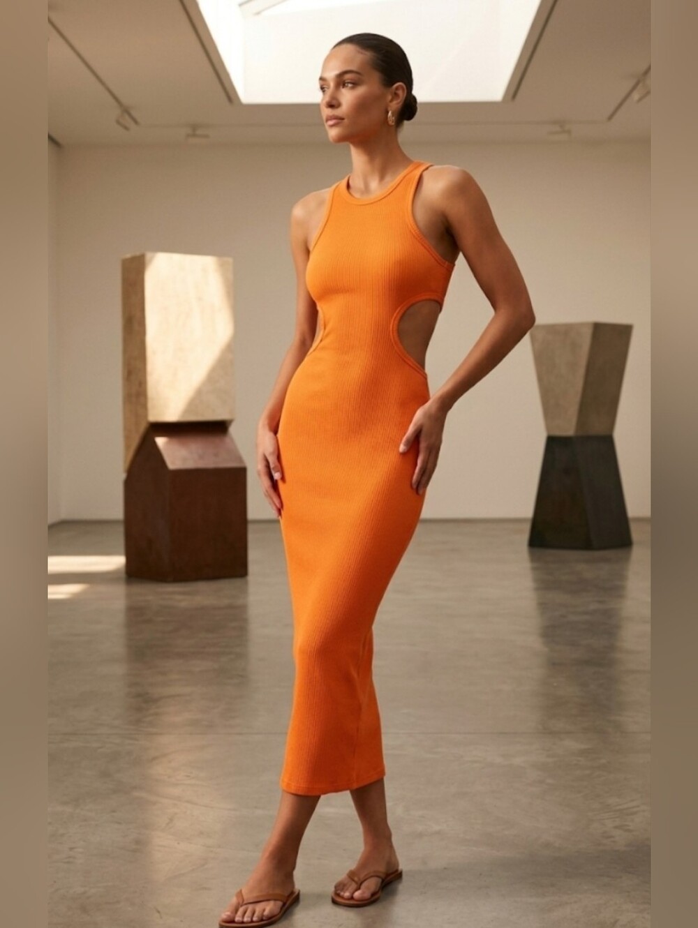 June Collection Ribbed Orange Knit Bodycon Midi Cut Out Dress Size M
